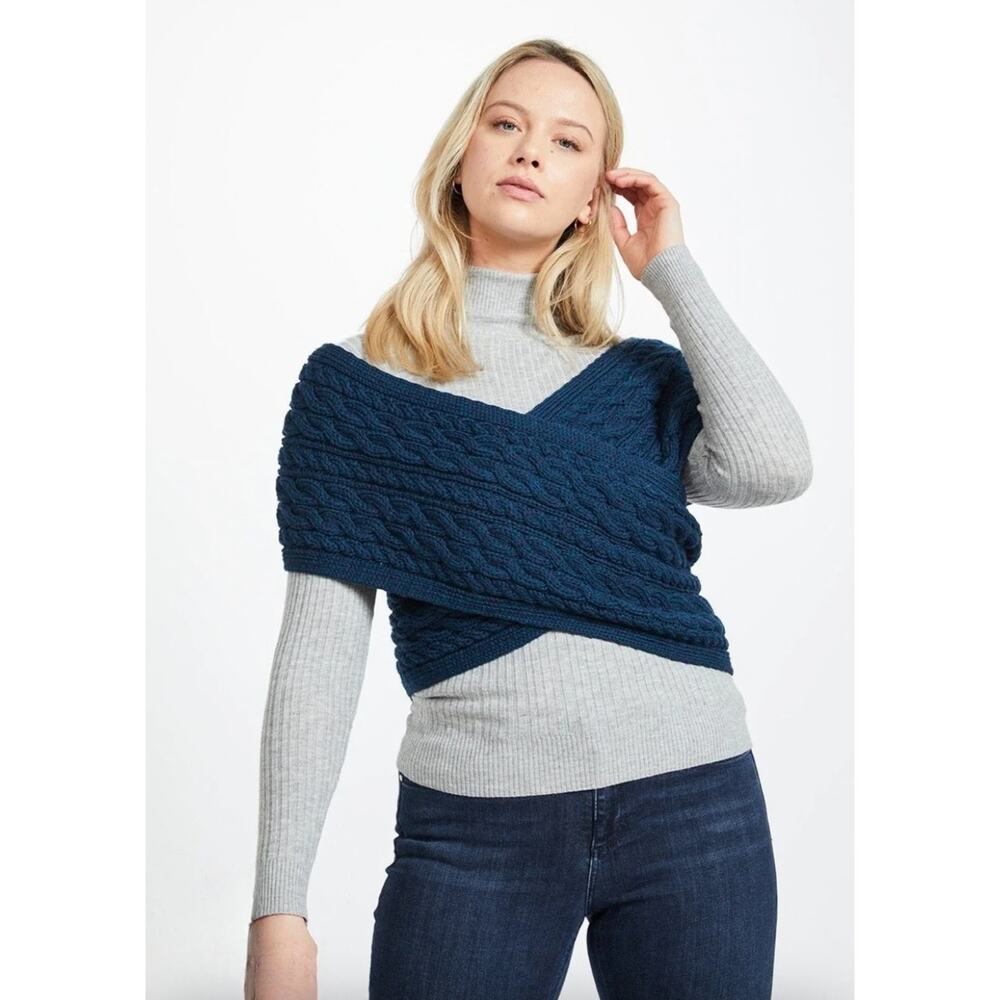 Aran Sweater Market Crossover Wrap navy blue "Atlantic" wool made in Ireland S